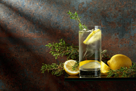 Gin and Tonic with ice, lemon, and juniper branches. Iced drink in a misted glass on a rusty background. Copy space.の写真素材