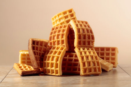 Belgian waffles on a beige ceramic table. Copy space.の写真素材