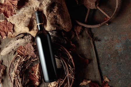 Bottle of red wine on a vintage rustic background with old wood and dried-up vine leaves. Concept of old wine. Copy space.の写真素材