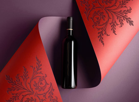 Bottle of red wine on a paper background with floral ornament. Copy space for your text, top view.の写真素材
