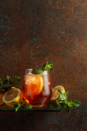 Iced tea with lemon and mint in a frozen glass. A refreshing drink on a background of rustic wall. Copy space.の写真素材