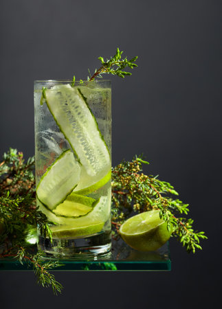 Gin and Tonic with ice, lime, cucumber, and juniper  branches. Iced drink in a misted glass on a black background.の写真素材