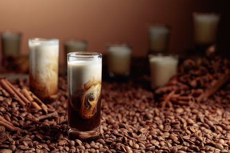 White Russian cocktail. Vodka, coffee liqueur, and cream. Coffee beans, cinnamon, and anise are scattered on the table.の写真素材