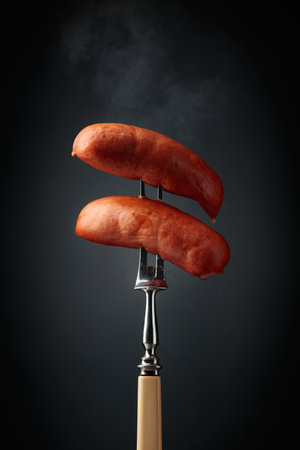 Boiled sausages on a fork. Hot sausages with smoke on a black background.の写真素材