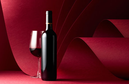 Bottle and glass of red wine on a red background. Copy space.の写真素材