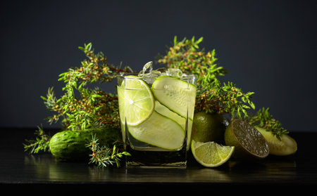 Cocktail Gin-tonic with ice, lime, cucumber, and juniper branches on a black background.の写真素材