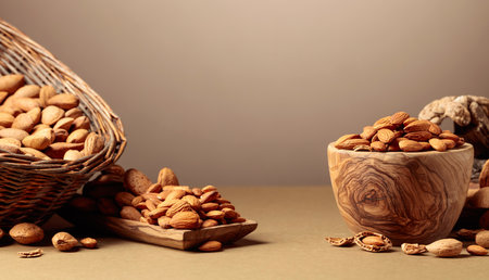 Almond nuts on a brown background. Copy space.の写真素材