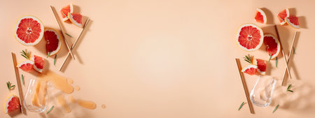 Grapefruit slices, rosemary, straws, and empty glasses on a pink background. Concept of the summer drinks. Top view with copy space.の写真素材