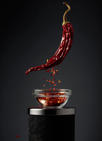 Dried red pepper crumbles into flakes and falls into a small glass bowl.の写真素材