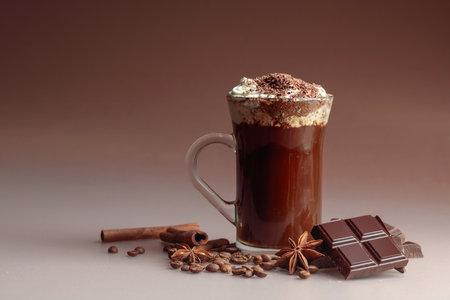 Coffee with whipped cream sprinkled with chocolate crumbs. Copy space.の写真素材