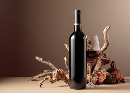 Bottle and glass of red wine with a composition of old wood. Minimalistic composition on a beige background for product branding, identity, and packaging. Copy space.の写真素材