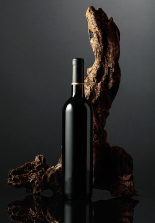 Bottle of red wine on a black reflective background. In the background old weathered snag. Frontal view with space for your text.の写真素材