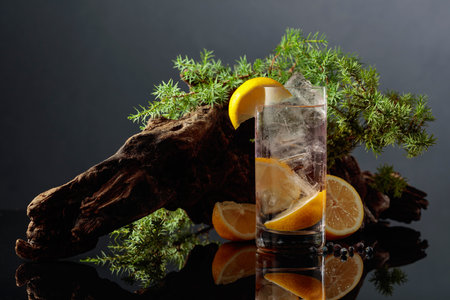 Cocktail gin-tonic with ice and lemon on a black reflective background. Iced drink with old snags and juniper branches.の写真素材