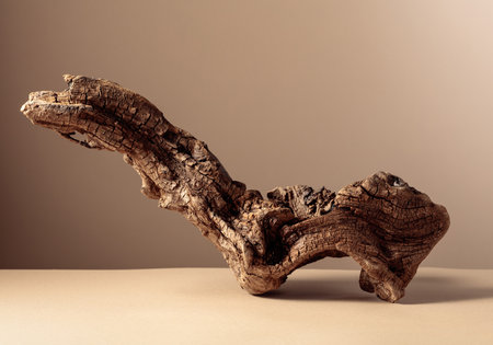 Old dry wooden snag on a beige background. Place your product in the foreground. Copy space.の写真素材