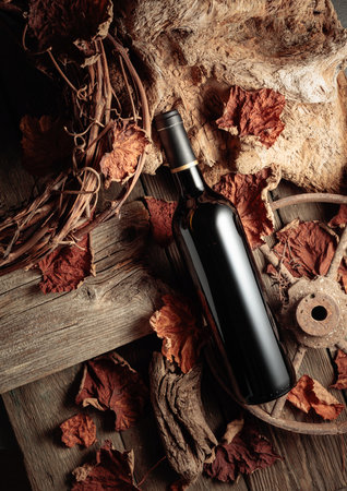 Bottle of red wine on a vintage rustic background with old wood and dried-up vine leaves. Concept of old wine.の写真素材