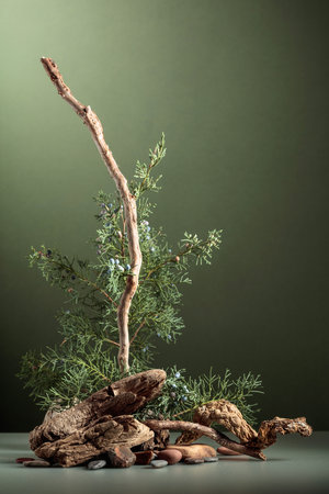 Abstract nature scene with a composition of juniper, stones, and dry snags. Neutral green background for cosmetic, beauty product branding, identity, and packaging. Natural pastel colors. Copy space, front view.の写真素材