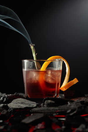 Old-fashioned cocktail with ice, orange peel, and rosemary. Whiskey with a burning twig of rosemary on a dark background.の写真素材
