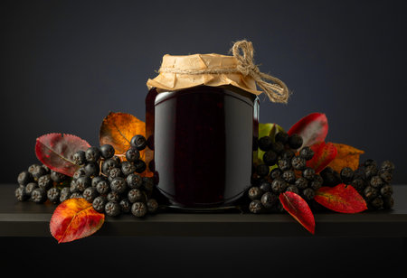 Chokeberry jam and fresh berries with leaves on a black background.の写真素材