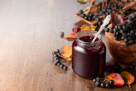 Chokeberry jam and fresh berries with leaves on an old wooden table.の写真素材
