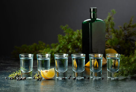 Blue gin and juniper branches on an old dark blue table. Gin with juniper berries, lemon slices, and...