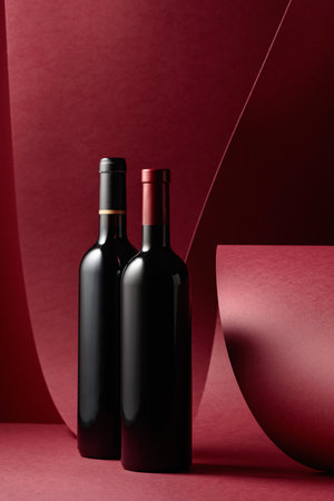 Bottles of red wine on a red background. Copy space.の写真素材