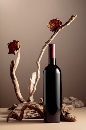 Bottle of red wine with a composition of old wood. Minimalistic composition on a beige background for product branding, identity, and packaging. Copy space.の写真素材