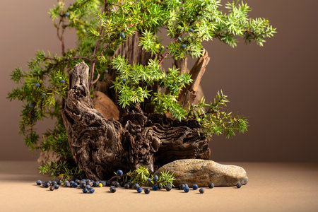 Abstract nature scene with a composition of juniper and dry snags. Neutral beige background for cosmetic, beauty product branding, identity, and packaging. Copy space, front view.の写真素材