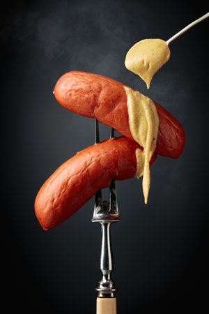 Boiled sausages with mustard on a fork. Hot sausages with smoke on a black background.の写真素材