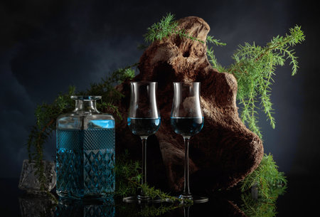 Blue gin on a black background. Juniper branches and old driftwood are in the background.の写真素材