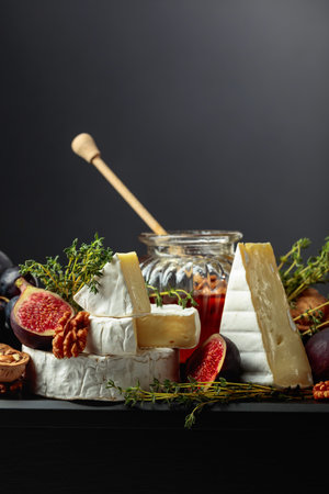 Camembert cheese with figs, grapes, walnuts, honey, and thyme. Soft cheese with fruits on a black background.の写真素材