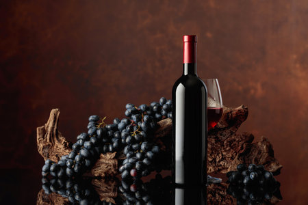 Bottle and glass of red wine. In the background old weathered snag and blue grapes. Copy space.の写真素材