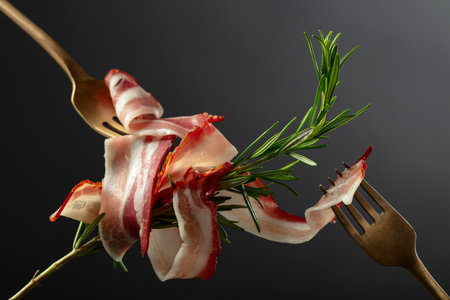 Dry-cured pork belly bacon with rosemary on a black background. Sliced bacon on a forks.の写真素材