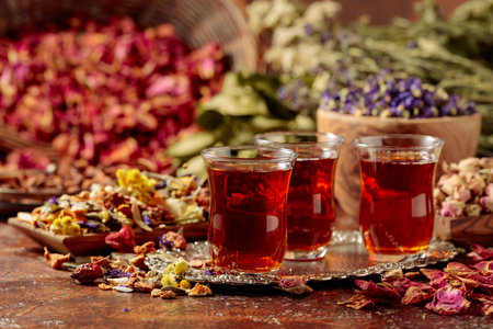 Herbal tea and a mix of various dried medicinal plants and herbs on a brown vintage background.の写真素材