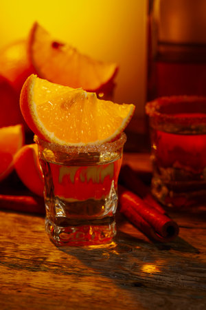 Sweet orange liquor with cinnamon and fresh fruits on an old wooden table.の写真素材
