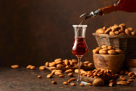 Strong alcoholic Italian liqueur Amaretto with almonds nuts on a wintage table. Copy space.