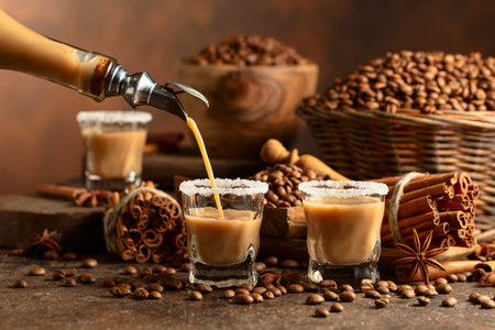Irish cream and coffee liqueur is poured from a bottle into a glass. Coffee beans, cinnamon sticks,...