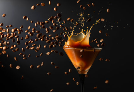 Espresso Martini drink with splashes and falling coffee beans on a black background. Copy space.の写真素材