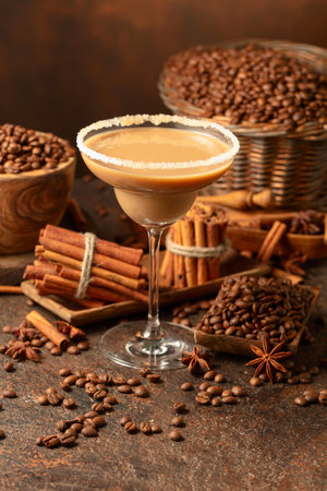 Chocolate martini cocktail or Irish cream liquor on a brown background. Coffee beans, cinnamon sticks, and anise are scattered on the table.の写真素材