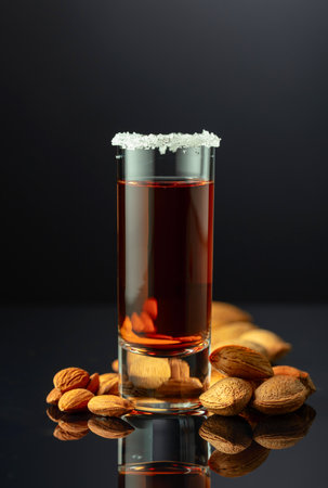 Strong alcoholic Italian liqueur Amaretto with almonds nuts on a black background.の写真素材