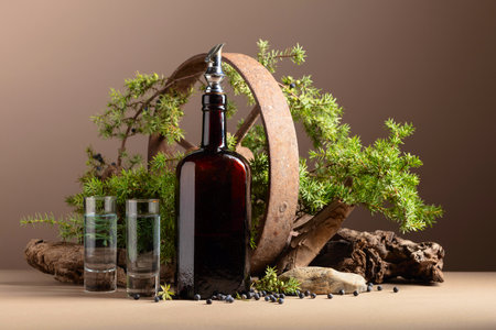 Gin in vintage bottle with rusty iron wheel, old snags, and juniper branches with berries.の写真素材