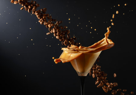 Espresso Martini drink with splashes and falling coffee beans on a black background. Copy space.