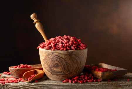 Dried goji berries in wooden bowl on a brown background. Copy space.の写真素材