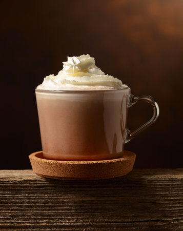 Hot chocolate with whipped cream on a brown background. Copy space.の写真素材