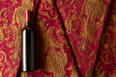 Bottle of red wine on a retro tapestry with dark red and golden floral ornament. Top view.の写真素材