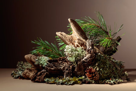 Abstract north nature scene with a composition of lichen, pine branches, and dry snags. Beige background for cosmetics, beauty product branding, identity, and packaging. Copy space.の写真素材