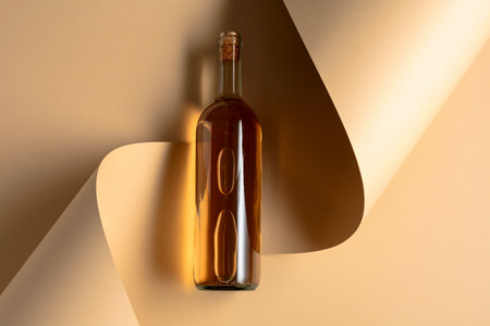 Bottle of white wine on a beige background. Top view. Copy space.の写真素材