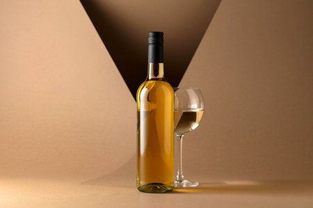 Bottle and glass of white wine on a beige background. Copy space.の写真素材
