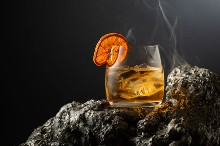Smoked old fashioned rum cocktail with ice and dried orange slice on a gray stone.の写真素材