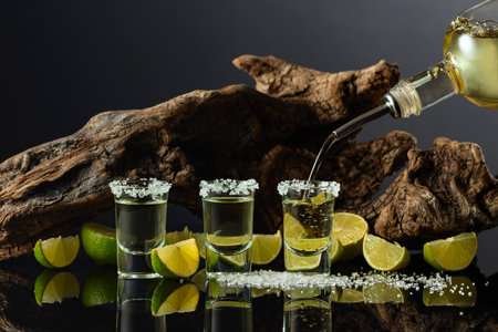 Gold tequila with sea salt and lime slices on a background of old snag. Drink is poured from a...