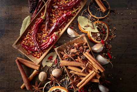 Various spices on a kitchen table. Top view.の写真素材